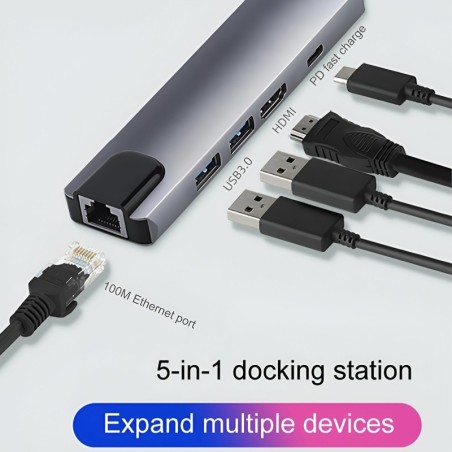 Type-C to 5-in-1 Hub – USB-C Adapter for Laptop, Tablet & Phone