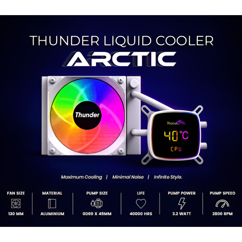 Thunder ARCTIC 120mm AIO CPU Cooler ARGB (Black) with Digital Temperature Display New