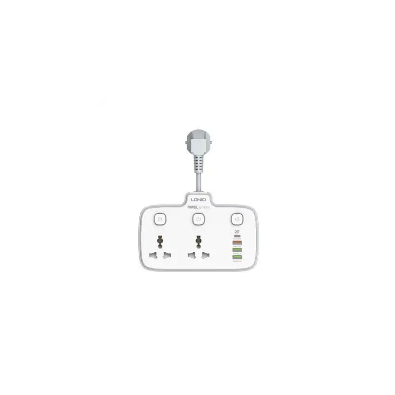 LDNIO SC2413 2-Outlet Universal Extension 20W PD + QC 3.0 USB Fast Charger, 2500W AC Load, 4 USB Ports