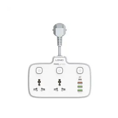 LDNIO SC2413 2-Outlet Universal Extension 20W PD + QC 3.0 USB Fast Charger, 2500W AC Load, 4 USB Ports