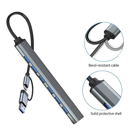 2-in-1 7 Port USB Hub | USB 3.0, USB 2.0 & USB-C Adapter